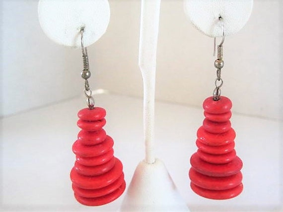Red Wood Drop Earrings, Retro Red Discs, Ear Wire Pierced, Dangle Earrings