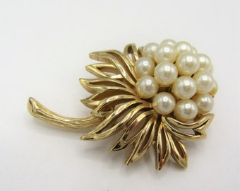 Crown Trifari Faux Pearl Brooch, Shiny Gold Tone Setting, 2 Inch Lovely Bouquet Pin