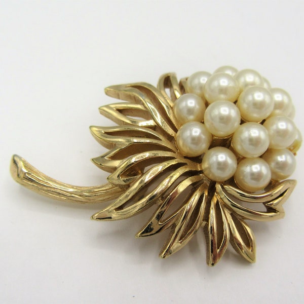 Crown Trifari Faux Pearl Brooch, Shiny Gold Tone Setting, 2 Inch Lovely Bouquet Pin