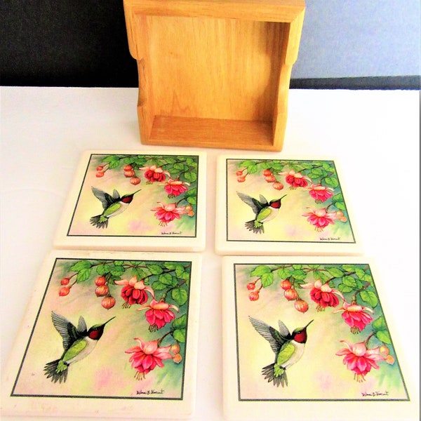 Hummingbird Set of 4 Coasters, By Artist Wilma Vincent, Pink Fuchsia Highlights, Vintage Ceramic Coasters