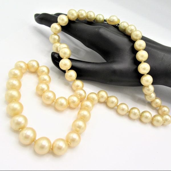 Crown Trifari Pearl Necklace, 22 Inch Single Strand, Hand Knotted,  Pearl Covered Clasp, Trending Necklace