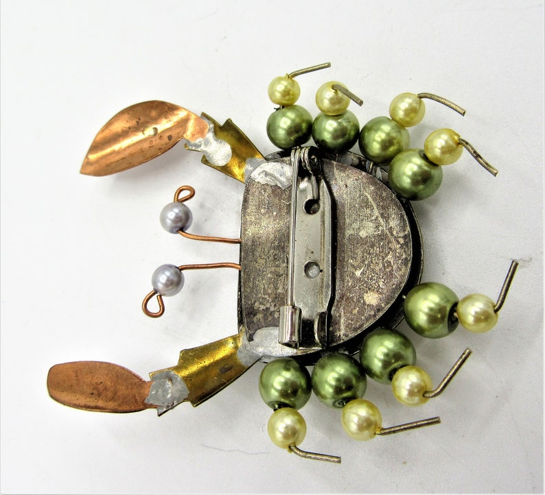 Mixed Metal Artisan Made Vintage Crab Brooch Faux Pearls Vintage Detailed Figural