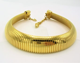 Wide Gold Choker, Chunky One Inch Wide Omega,  signed MONET, Thick Collar, Statement Necklace