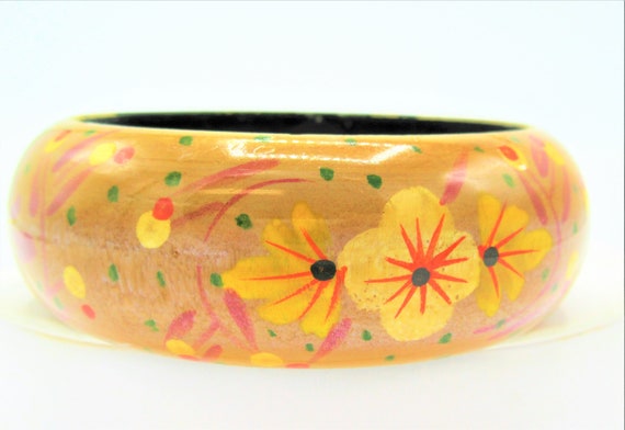 Wood Bangle, Flowers and Polka Dots, Wide Bracele… - image 2