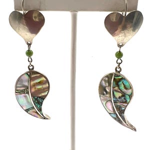 Vintage Abalone Alpaca Silver Dangle Earrings: Mexican Inlaid Design