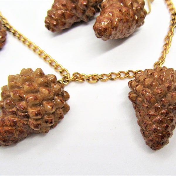 Vintage Pine Cone Necklace Earrings, Artisan Made, Genuine Pine Cones,  Dangles Gold Tone Chain, Screw Back 40's Charm Necklace