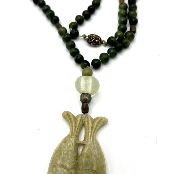 Art Deco China Import Necklace,  Green Jade Beads, Carved Jade Fish Pendant, Antique Long Necklace