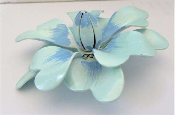 Blue Enamel Flower Brooch,  3D Floral Pin, Two To… - image 7