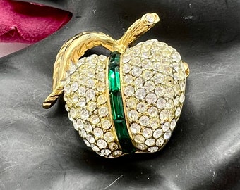 Rhinestone Apple Brooch, Green and Clear Rhinestones, Gold Tone Setting, Gift for Teacher