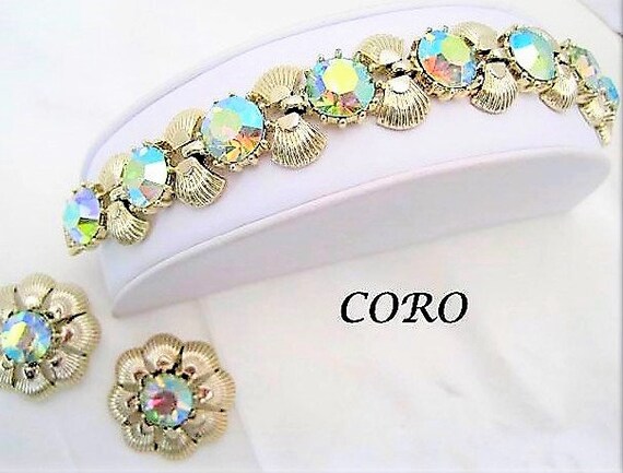 Coro Bracelet Earrings, Aurora Borealis Set, Vintage Green Rhinestone