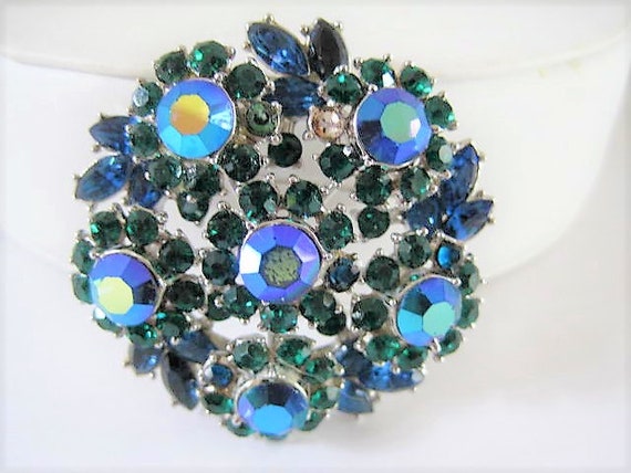 Crown Trifari Brooch, Aurora Borealis Blue Rhinestones, Green Chatons Vintage Book Piece