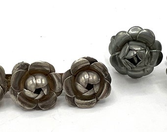 Mexico silver Flower Brooch Set, Brooch and Earrings, Vintage Silver Flowers set