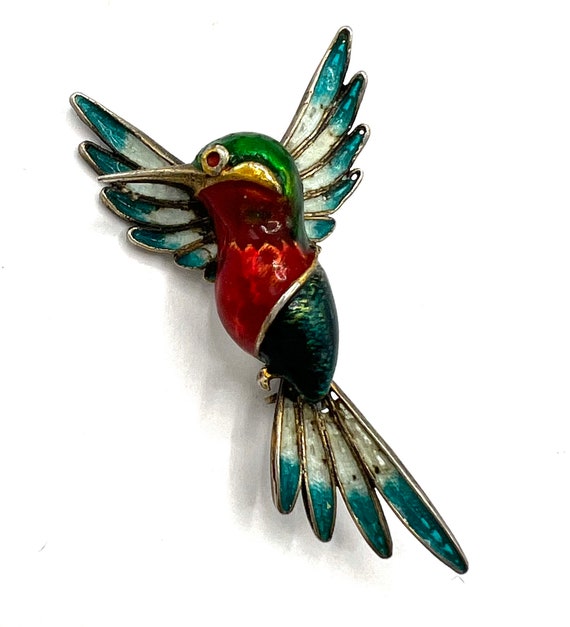 Vintage Vermeil Hummingbird Brooch, Enamel 800 79… - image 1