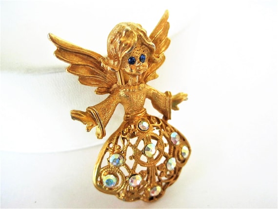 Angel Christmas Brooch, Rhinestone Angel, Blue Eyed Angel