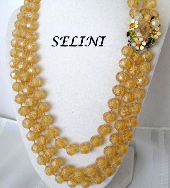 Vintage Selini Signed  Multi-strand Yellow Bead Fl