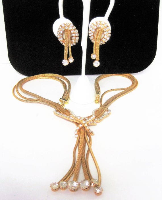 Gold Mesh Tassel Set, Necklace Earrings, Unsigned Hobe, Rhinestone Gold Mesh - Multistrand Necklace