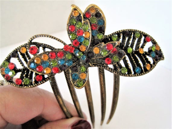 Rhinestone Hair Comb, Colorful Butterfly, Wedding Elegance - Butterfly Hair Elegance