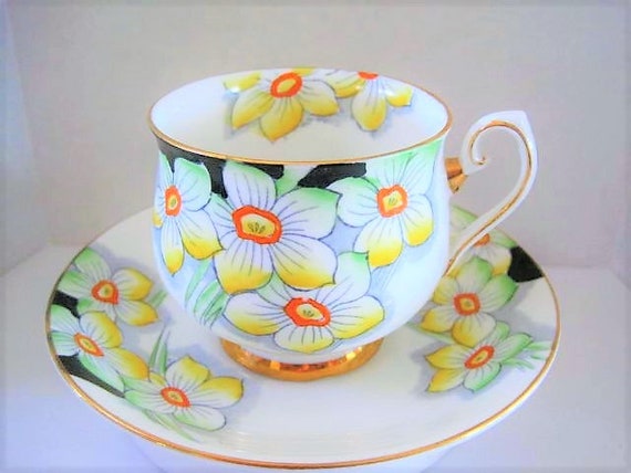 Phoenix Cup and Saucer, Bone China England, Narcissus Floral, Green Black Yellow, Footed Cup