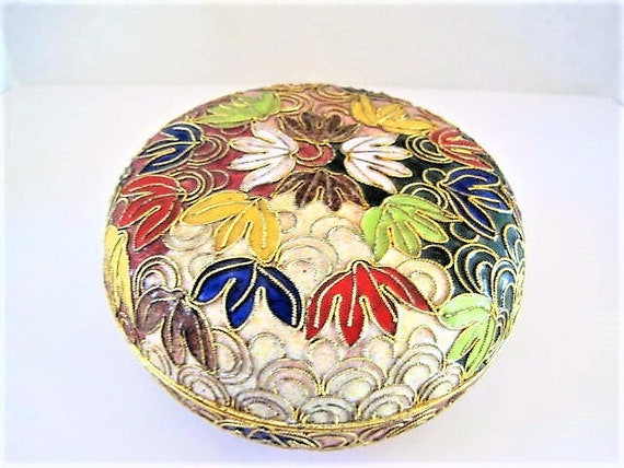 Cloisonne Trinket Jar, Champleve Gold Details, Cobalt Interior, Round Leaf Design