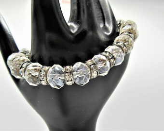 Clear Crystal Bracelet,  Rhinestone Rondel Spacers, Clear Faceted Crystals, Stretch Bracelet