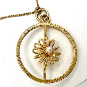 Vintage 12K Gold Filled Necklace: Faux Pearl Repousse Pendant