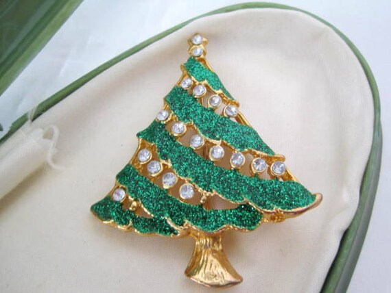 Christmas Tree Brooch, Green Enamel, Clear Rhinestones, Christmas Pin