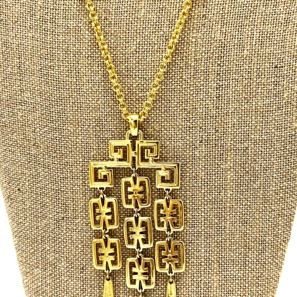 Crown Trifari Pendant Necklace, Asian Design, 32 inch Gold Tone Statement Necklace