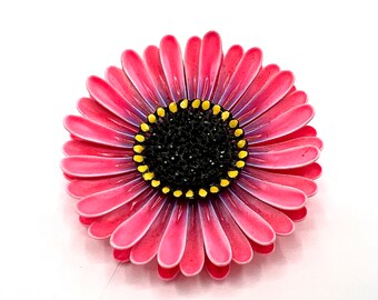 Pink Enamel Flower Brooch, 2 Inch Diameter, Yellow Black Center, Vintage Flower Power