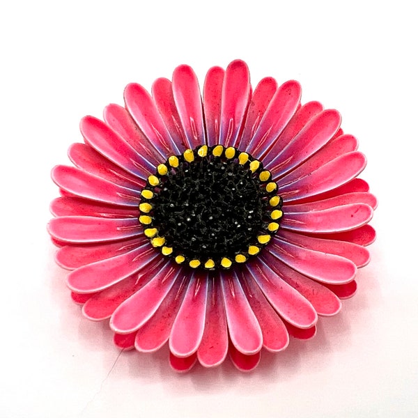 Pink Enamel Flower Brooch, 2 Inch Diameter, Yellow Black Center, Vintage Flower Power