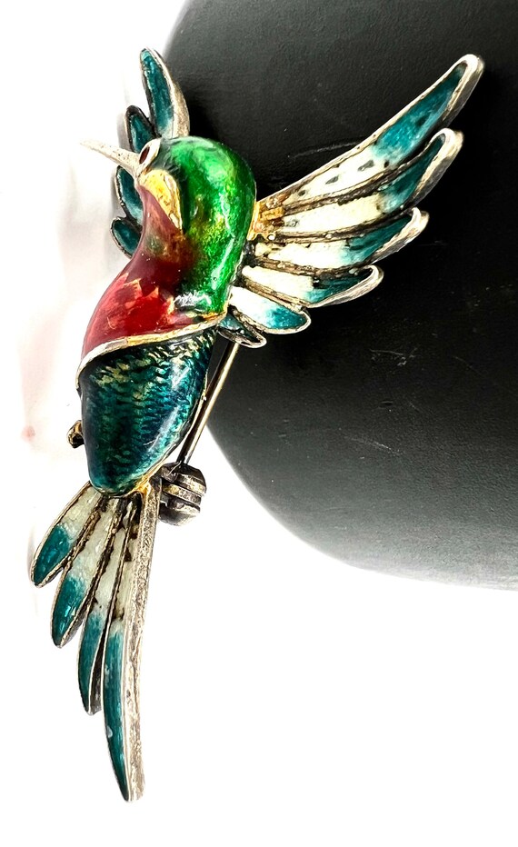Vintage Vermeil Hummingbird Brooch, Enamel 800 79… - image 7