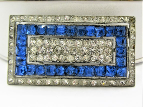 40s Art Deco Brooch, Blue And Clear Rhinestones, … - image 4