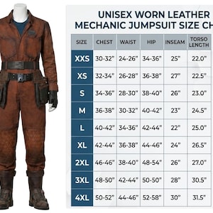 May include: A unisex worn leather mechanic jumpsuit in brown, displayed on a mannequin. The jumpsuit features a belt, pockets, and gloves. A size chart is included, detailing chest, waist, hip, inseam, and torso length measurements in inches.