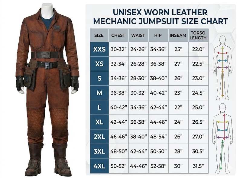 May include: A unisex worn leather mechanic jumpsuit in brown, displayed on a mannequin. The jumpsuit features a belt, pockets, and gloves. A size chart is included, detailing chest, waist, hip, inseam, and torso length measurements in inches.
