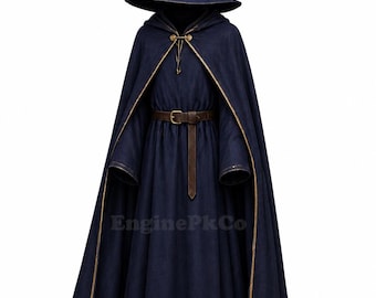 Mystischer Zauberer Umhang Kostüm mit Zipfelmütze, Dunkel Blau Magier Robe Cosplay