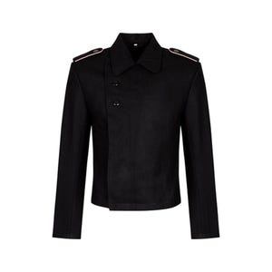 May include: A black jacket with a unique asymmetrical button closure. The jacket features a notched collar and long sleeves. The shoulders have a decorative trim with a thin pink stripe. The jacket is a solid color and appears to be made of a wool or wool-blend fabric.