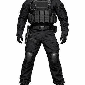 Puede incluir: Un uniforme táctico negro completo, que incluye una chaqueta, pantalones y botas de combate. El uniforme presenta un chaleco táctico, rodilleras, guantes y un cinturón con una funda. El maniquí está sobre un fondo blanco.