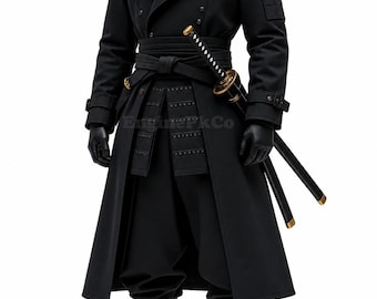 Men's Shadow Samurai Trench Coat, Black Ninja Warrior Cosplay Outfit, Anime Tactical Ronin Costume