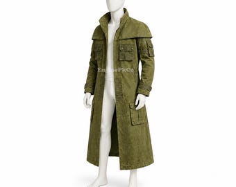 Olivgrüner Langer Trenchcoat für Herren, Duster-Jacke im Militärstil, Taktischer Cosplay-Mantel
