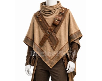 Mittelalterlicher Leder Poncho Umhang, Fantasy Abenteurer Kapuzenumhang, LARP Krieger Kostüm