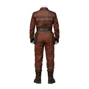 May include: A brown leather jumpsuit with a collared neckline, long sleeves, and a belt. The jumpsuit features multiple pockets and a diamond-quilted pattern on the knees. The text "EnginePkCo" is visible on the back of the shoulders. The boots are brown.