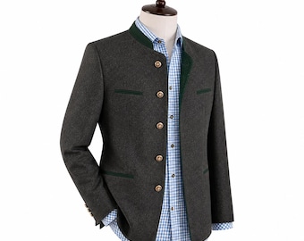 Men's Grey Wool Trachten Jacket – Traditional German Bavarian Alpine Coat with Green Trim