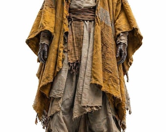 Men's Medieval Wanderer Cloak Costume, Rustic Hooded Nomad Outfit, Fantasy Cosplay Robe