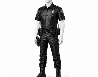 Men's Black Faux Leather Tactical Police Costume – Sheriff Biker Cosplay Outfit