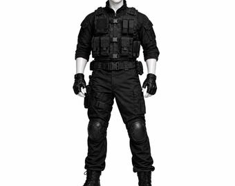 Men's Black Tactical Combat Uniform, SWAT Military Cosplay Outfit, Halloween Gear