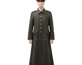 Imperial German Military Greatcoat & Cap Replica – Vintage Wool Long Coat, Red Trim, Uniform Cap