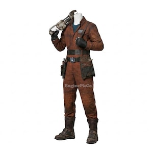 May include: A brown jumpsuit with a blue undershirt, black gloves, and a tool belt. The costume includes a large wrench and boots. The jumpsuit has pockets and a belt with a silver buckle. The overall look is rugged and worn.