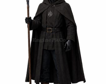 Herren Dark Magier Umhang Kostüm, Mittelalter Magier Cosplay Robe mit Kapuze, Halloween Fantasy Outfit