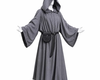 Graues Kapuzen Mittelalter Gewandung Kostüm mit Gürteltasche, Fantasy Mönch Umhang