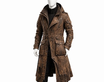Distressed Brown Leder Trenchcoat, Gothic Cyberpunk Steampunk Duster Jacke