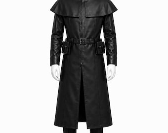 Black Leather Plague Doctor Costume, Gothic Long Coat, Cape, Hat, Belt Pouches, Pants, Boots